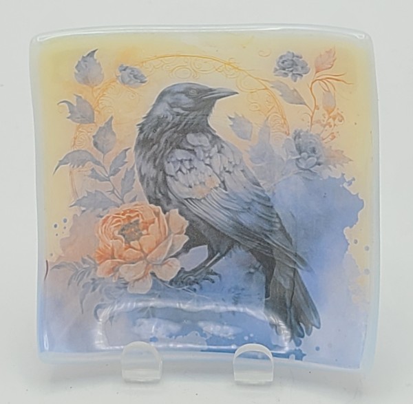 Trinket Plate-Crow with Flowers by Kathy Kollenburn