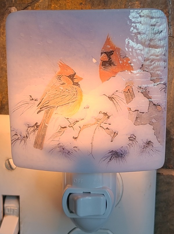 Nightlight with Red Cardinals in Snow by Kathy Kollenburn