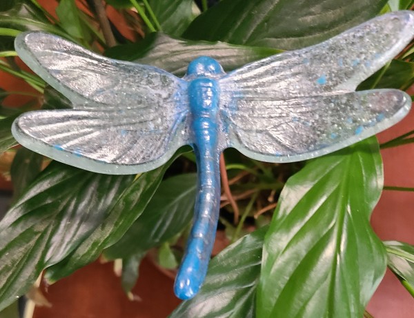Plant Pick-Dragonfly, Large in Steel Blue with Light Blue Wings by Kathy Kollenburn