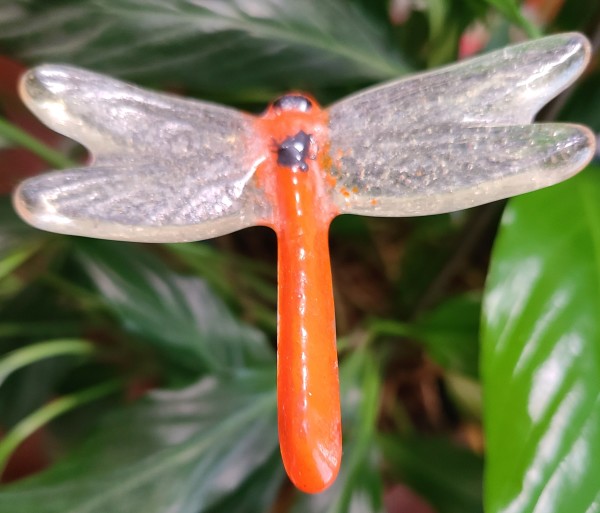 Plant Pick-Dragonfly, Small in Orange w/Pale Yellow Wings by Kathy Kollenburn