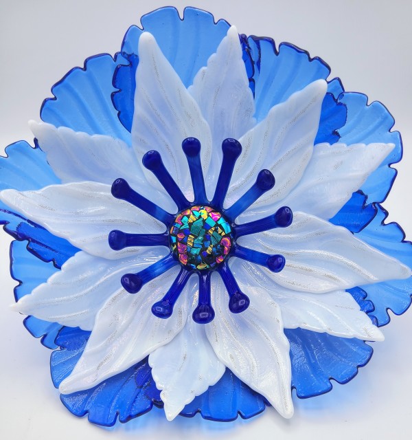Garden Flower-Sky Blue with White and Cobalt Stamens with Dichroic Center by Kathy Kollenburn