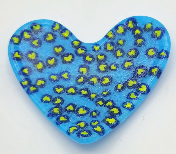 Small Dish-Cyan Heart with Spring Green/Cobalt Mini Hearts by Kathy Kollenburn