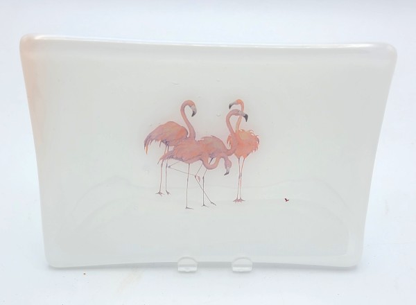 Soap Dish/Spoon Rest with Pink Flamingos on White by Kathy Kollenburn