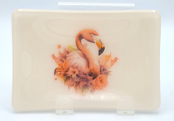 Soap Dish/Spoon Rest-Pink Flamingo with Flowers on Cream by Kathy Kollenburn