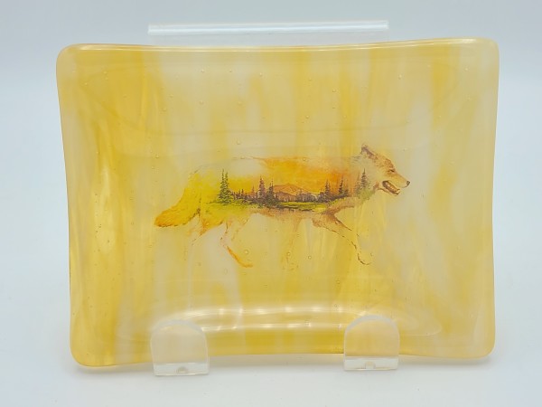 Soap Dish/Spoon Rest with Coyote with Mountain Scene on Amber Streaky by Kathy Kollenburn
