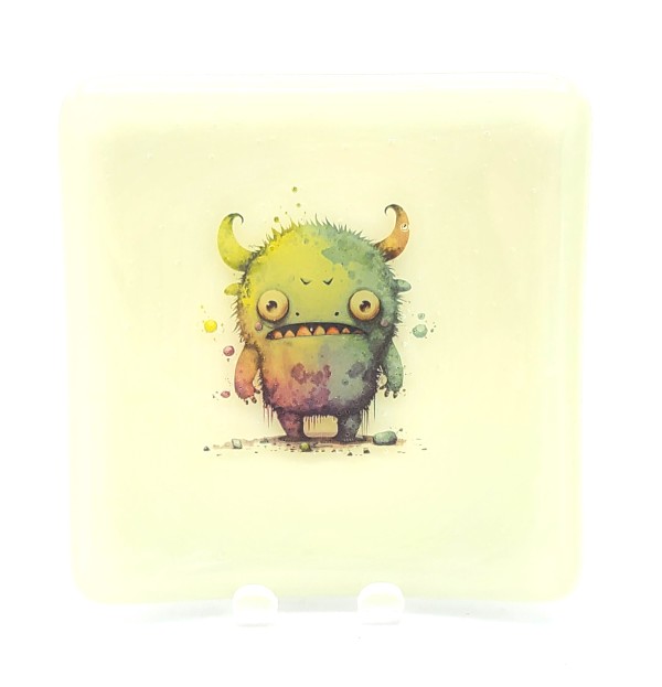 Small Plate with Cute Monster on Pale Gray by Kathy Kollenburn