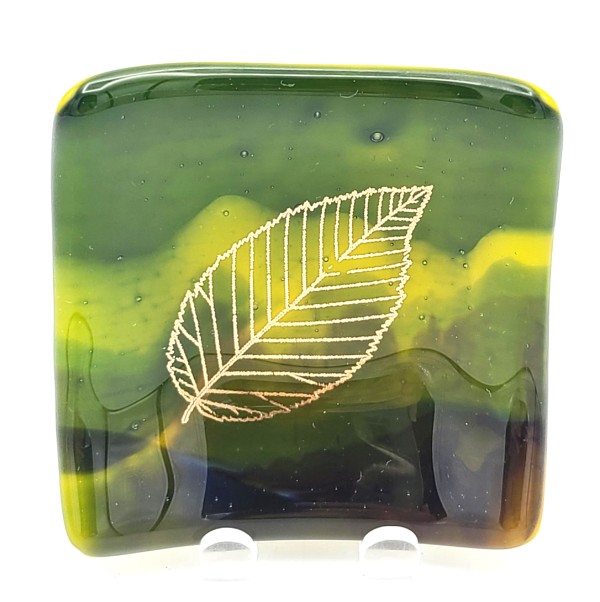 Trinket Dish-Green/Yellow Streaky with Gold Leaf by Kathy Kollenburn