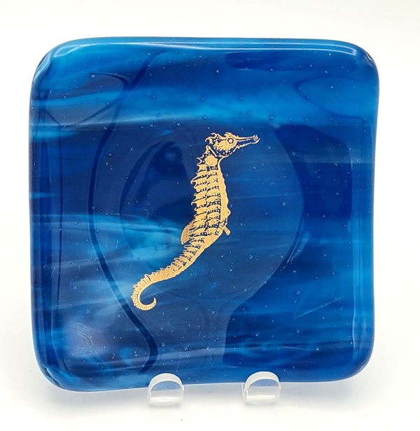 Small Plate-Gold Seahorse on Blue Streaky by Kathy Kollenburn