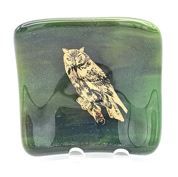 Small Plate-Gold Owl on Green Streaky by Kathy Kollenburn