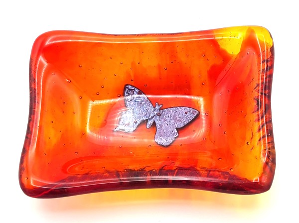 Trinket Dish-Red/Orange Streaky with Copper Butterfly by Kathy Kollenburn