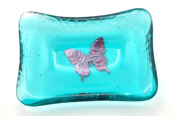 Trinket Dish-Lt Turquoise with Copper Butterfly by Kathy Kollenburn