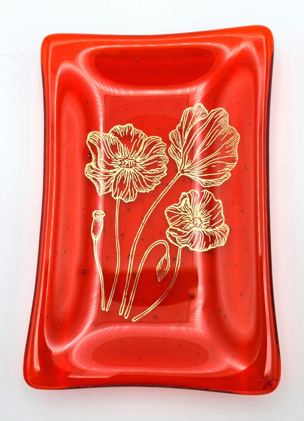 Soap Dish/Spoon Rest-Gold Poppies on Red by Kathy Kollenburn