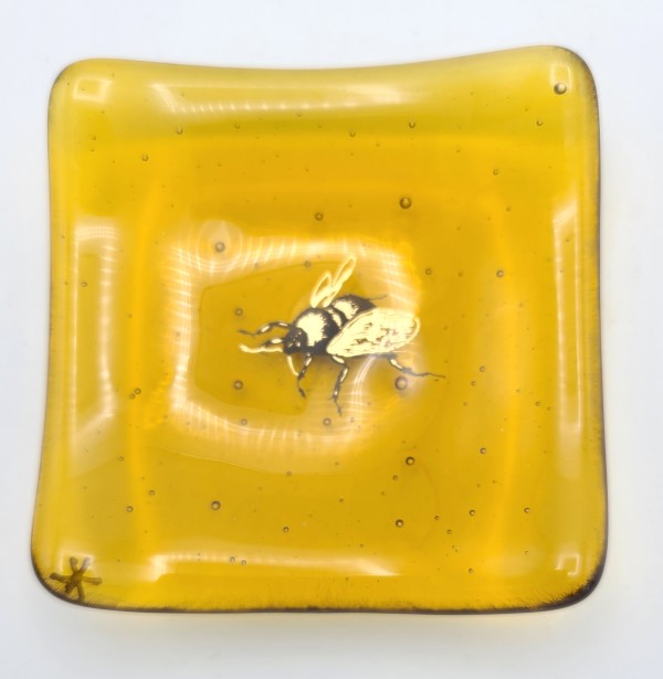 Small Plate with Gold Bumblebee on Amber by Kathy Kollenburn