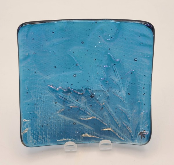 Small Plate-Steel Blue Irid with Leaf Impression by Kathy Kollenburn
