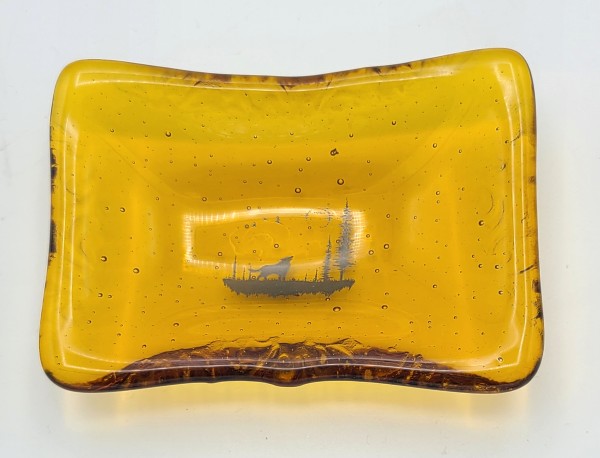 Trinket Dish-Coyote Howling in Forest on Amber by Kathy Kollenburn