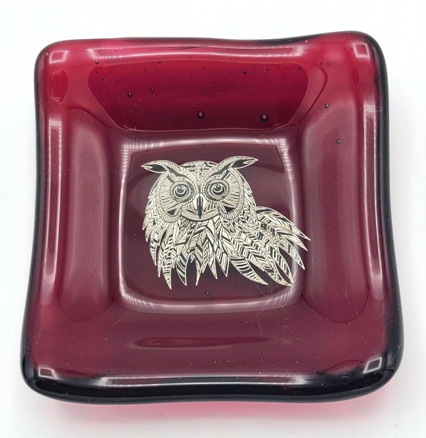 Trinket Dish-Cranberry with Silver Owl by Kathy Kollenburn