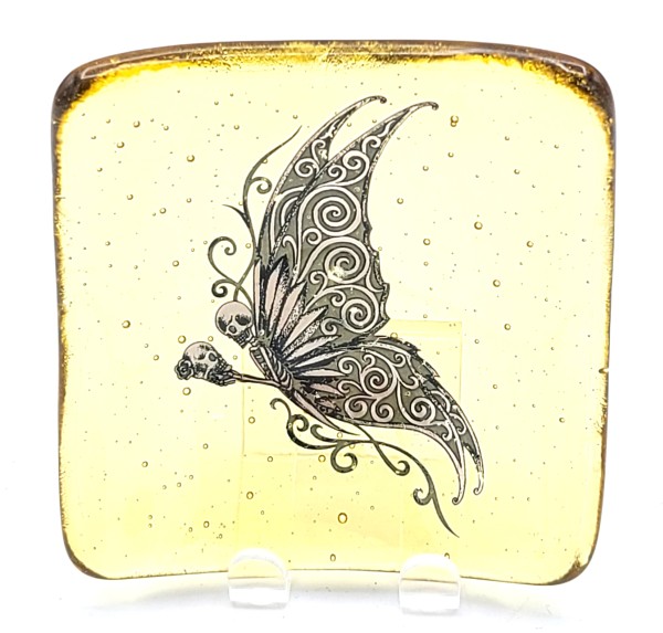 Small Dish-Butterfly Skull on Amber by Kathy Kollenburn