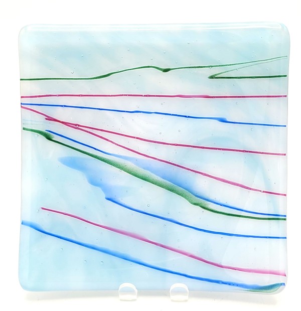 Plate-White with Pink/Blue/Green Stringers by Kathy Kollenburn