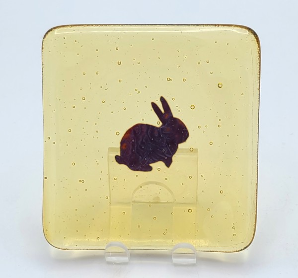 Small Plate-Amber with Copper Bunny by Kathy Kollenburn