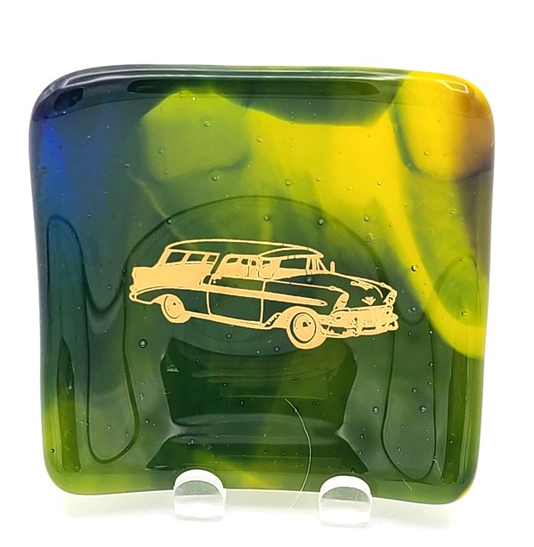 Trinket Dish-Green/Yellow Streaky with Vintage Station Wagon by Kathy Kollenburn