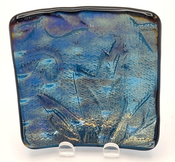 Trinket Dish-Steel Blue Irid with Fish Pattern Imprinted with Leaves by Kathy Kollenburn