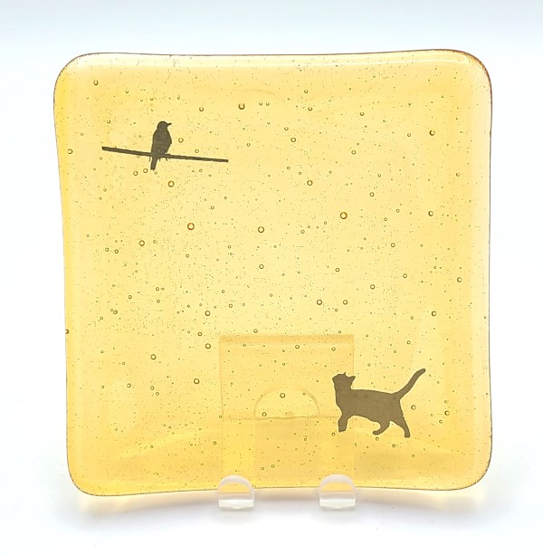 Small Plate with Cat Looking for a Treat on Amber by Kathy Kollenburn