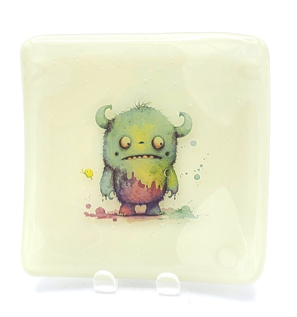 Small Plate-Light Gray with Cute Monster by Kathy Kollenburn