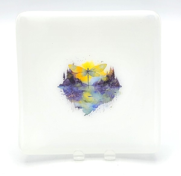 Plate with Dragonfly over Lake on White by Kathy Kollenburn
