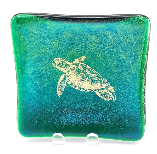 Small Dish-Green Irid with Gold Sea Turtle by Kathy Kollenburn