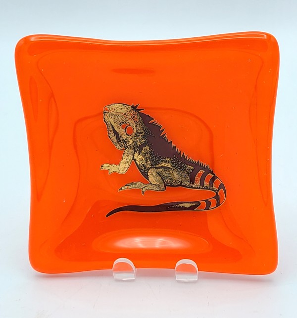 Small Dish-Orange with Gold/Black Lizard by Kathy Kollenburn