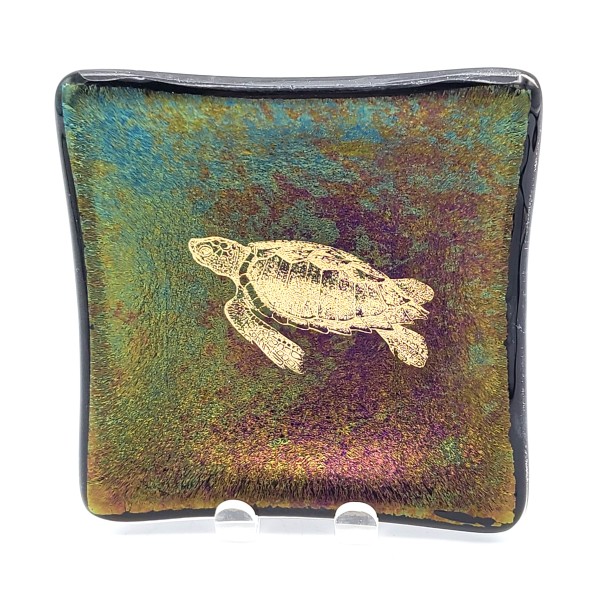 Small Dish-Green Irid with Gold Sea Turtle by Kathy Kollenburn