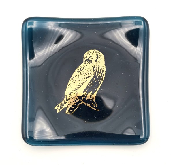 Small Plate-Steel Blue with Gold Owl by Kathy Kollenburn