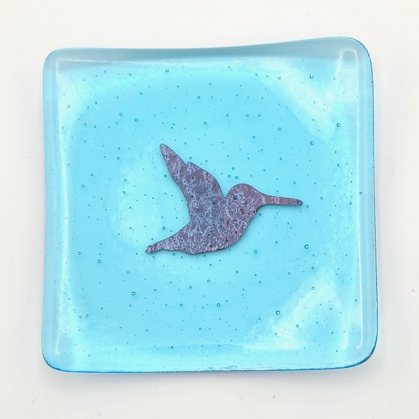 Small Plate-Light Turquoise with Copper Hummingbird by Kathy Kollenburn