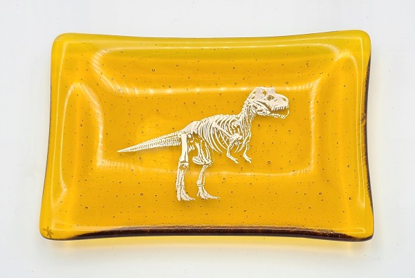 Soap Dish/Spoon Rest-Amber with Silver T-Rex Skeleton by Kathy Kollenburn