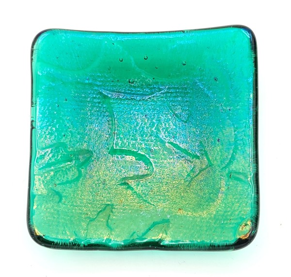 Trinket Dish-Green Irid with Leaf Impression by Kathy Kollenburn