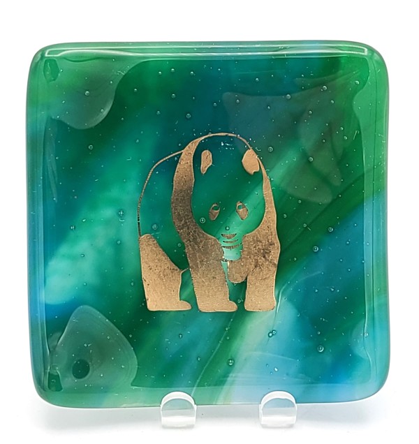 Small Plate-Blue/Green Streaky with Gold Panda Bear by Kathy Kollenburn