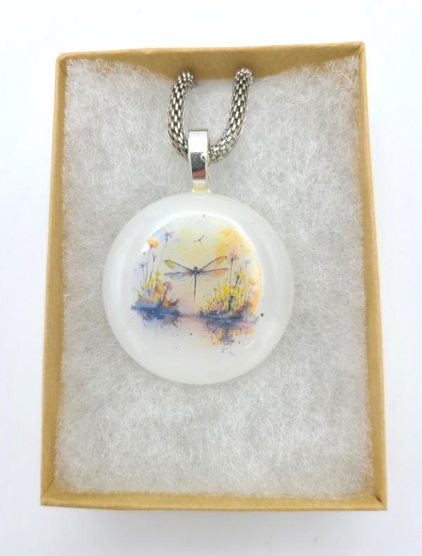 Necklace-Dragonfly with Pond on White by Kathy Kollenburn