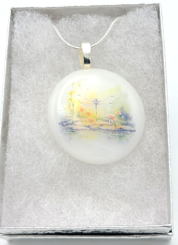 Necklace-White with Dragonfly Pond by Kathy Kollenburn