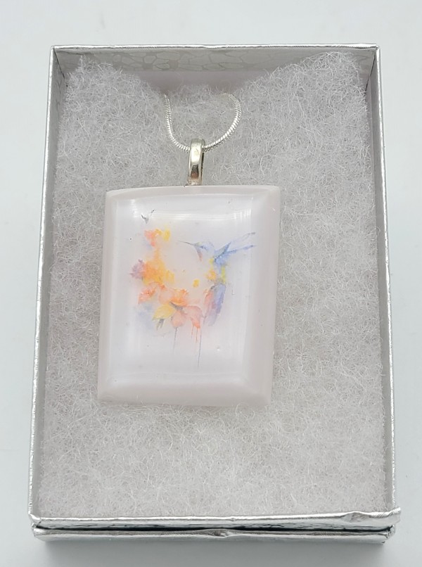 Necklace-White with Hummingbird and Flowers by Kathy Kollenburn