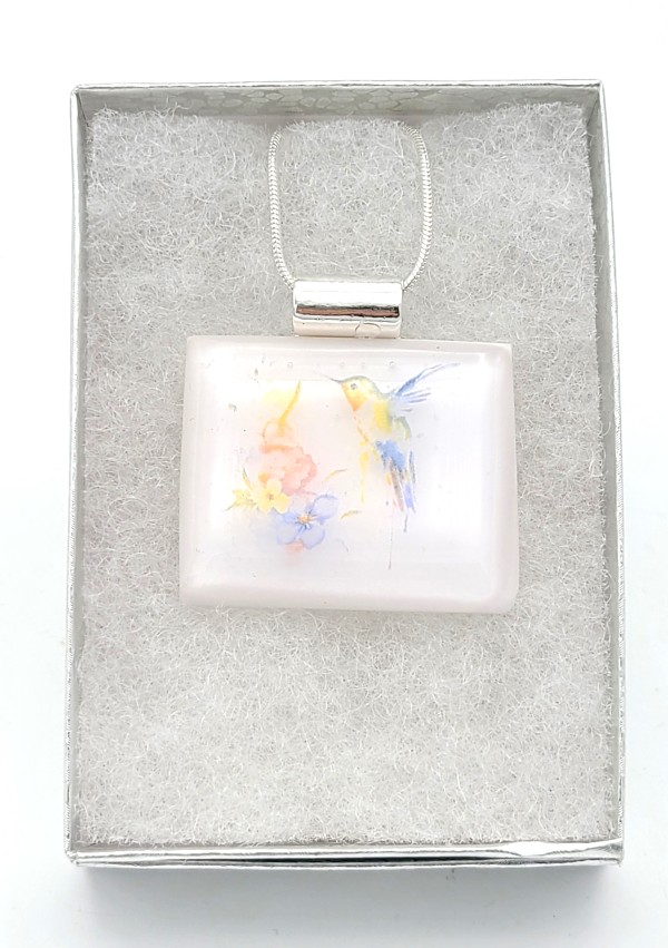 Necklace-Hummingbird with Flower on White by Kathy Kollenburn