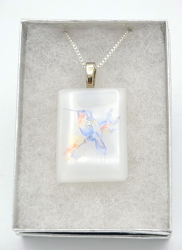 Necklace-White with Hummingbird on Branch by Kathy Kollenburn