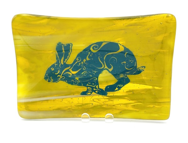 Soap Dish/Spoon Rest-Teal Rabbit on Chartreuse/White Streaky by Kathy Kollenburn