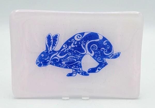 Soap Dish/Spoon Rest-Blue Artsy Rabbit on Pink Streaky by Kathy Kollenburn