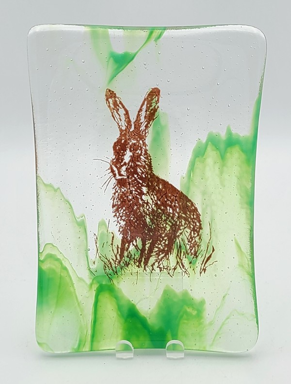 Soap Dish/Spoon Rest-Brown Rabbit on Green/Clear Streaky by Kathy Kollenburn