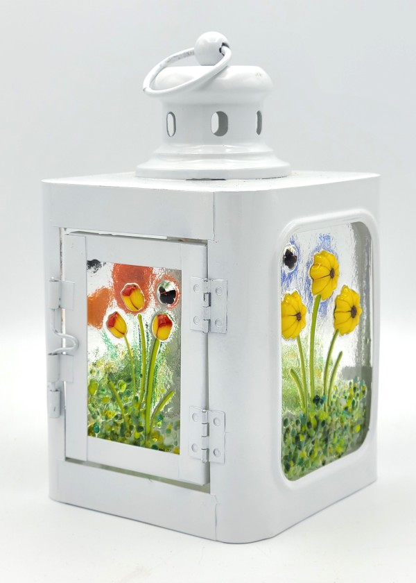Lantern-Small, White with Botanical Panels by Kathy Kollenburn