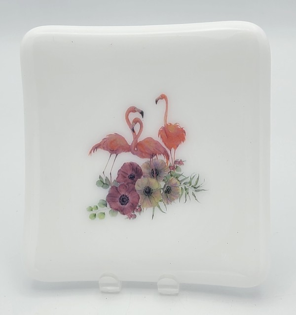 Small Plate-Flamingo Group with Flowers on White by Kathy Kollenburn
