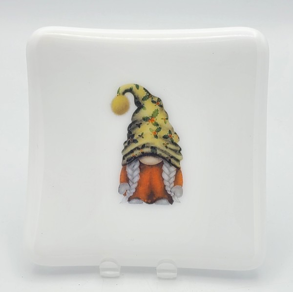 Small Plate-Gnome Girl with Holly Hat on White by Kathy Kollenburn
