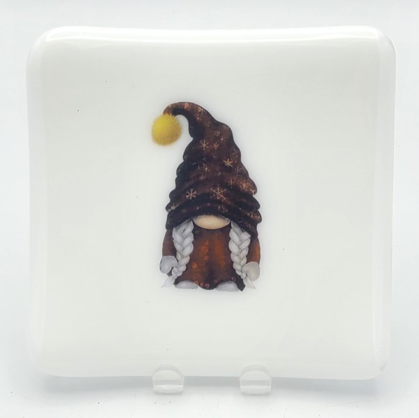 Small Plate-Gnome Girl Under Hat on White by Kathy Kollenburn