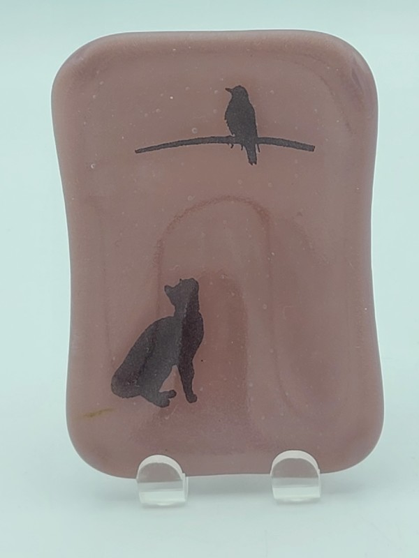 Trinket Dish-Cat Watching Bird on Lilac by Kathy Kollenburn