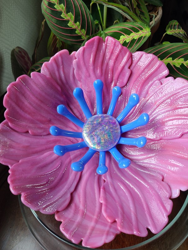 Garden Flower-Pink/White Streaky with Periwinkle Stamens and Dichroic Center by Kathy Kollenburn